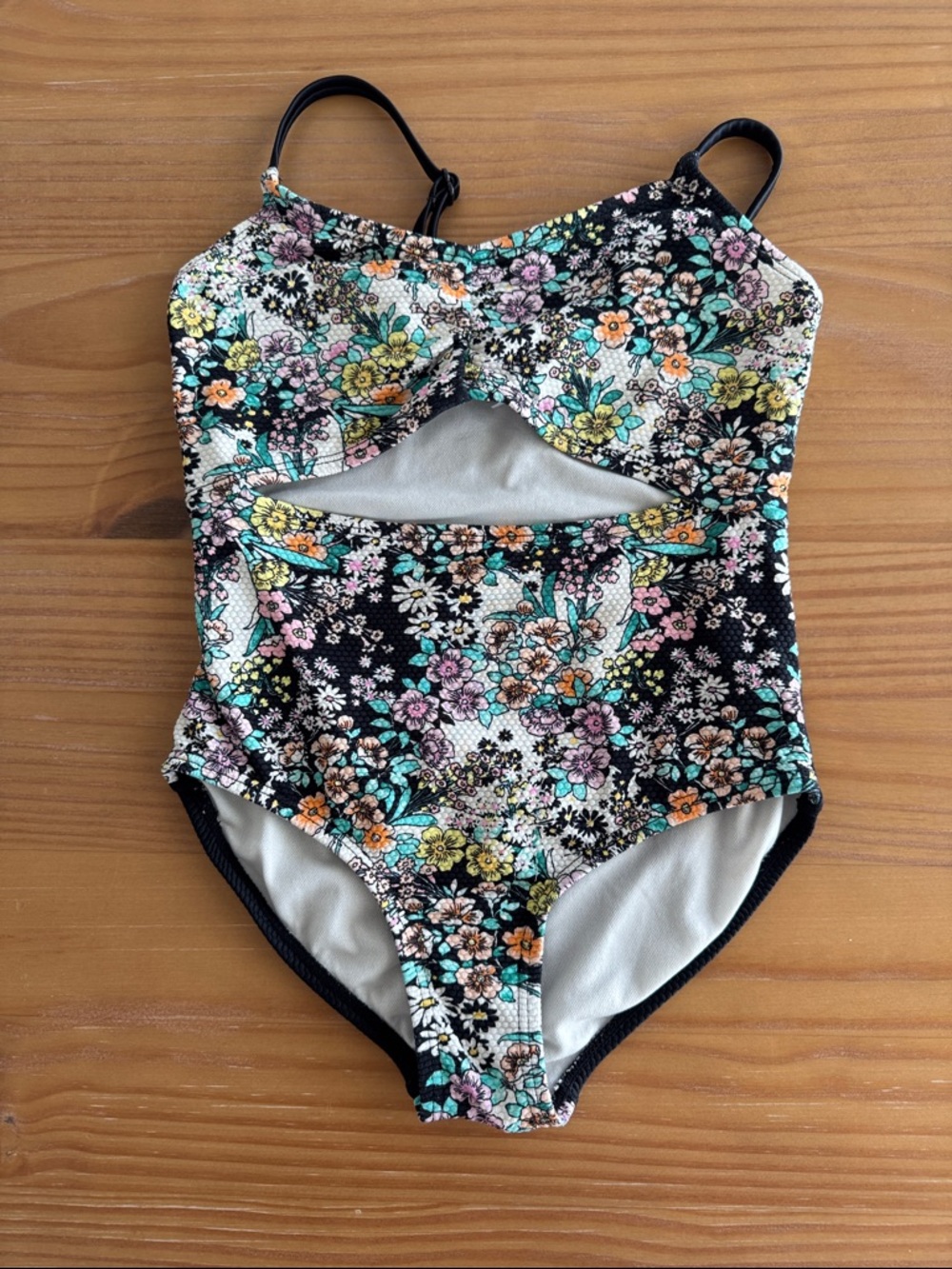 art class Black Floral Cutout One-Piece Swimsuit with Teal and Pink Accents